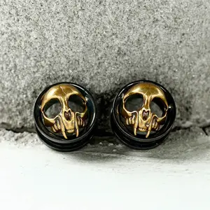 GTHIC Antique Skull Gothic Round Ear Gauges Stainless Steel for Men Women Daily Wear Statement Jewelry