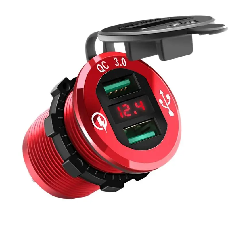 Quick Charge 3.0 USB Charger Socket, 12V/24V Dual USB Car Power Outlet Waterproof Lighter with LED Voltmeter