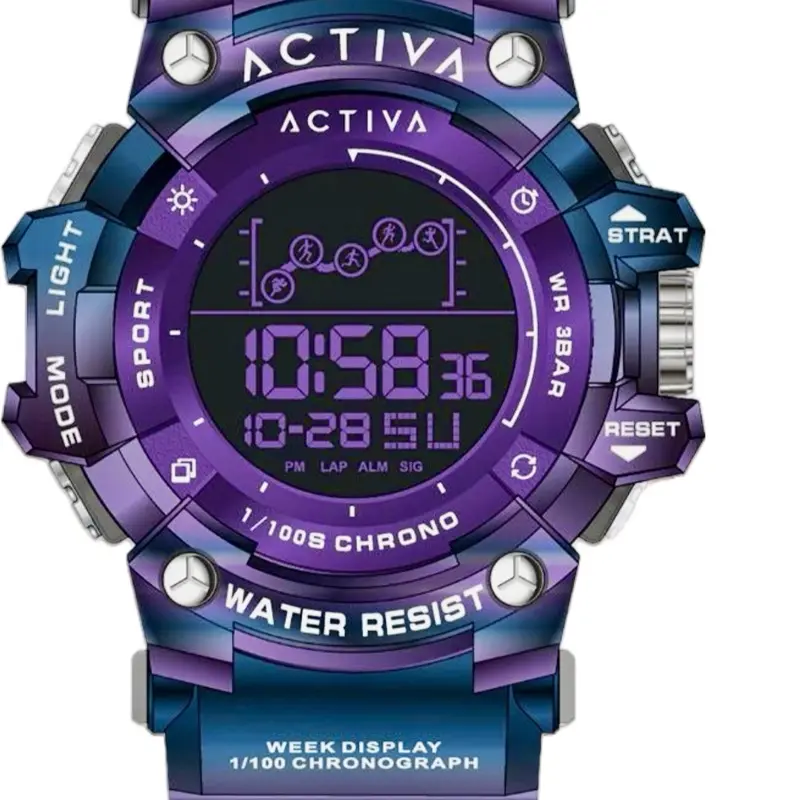 Activa X Invicta Digital Unisex Casual Wristwatch - 50mm Iridescent Purple, Fashionable Watches, LED, with Alarm
