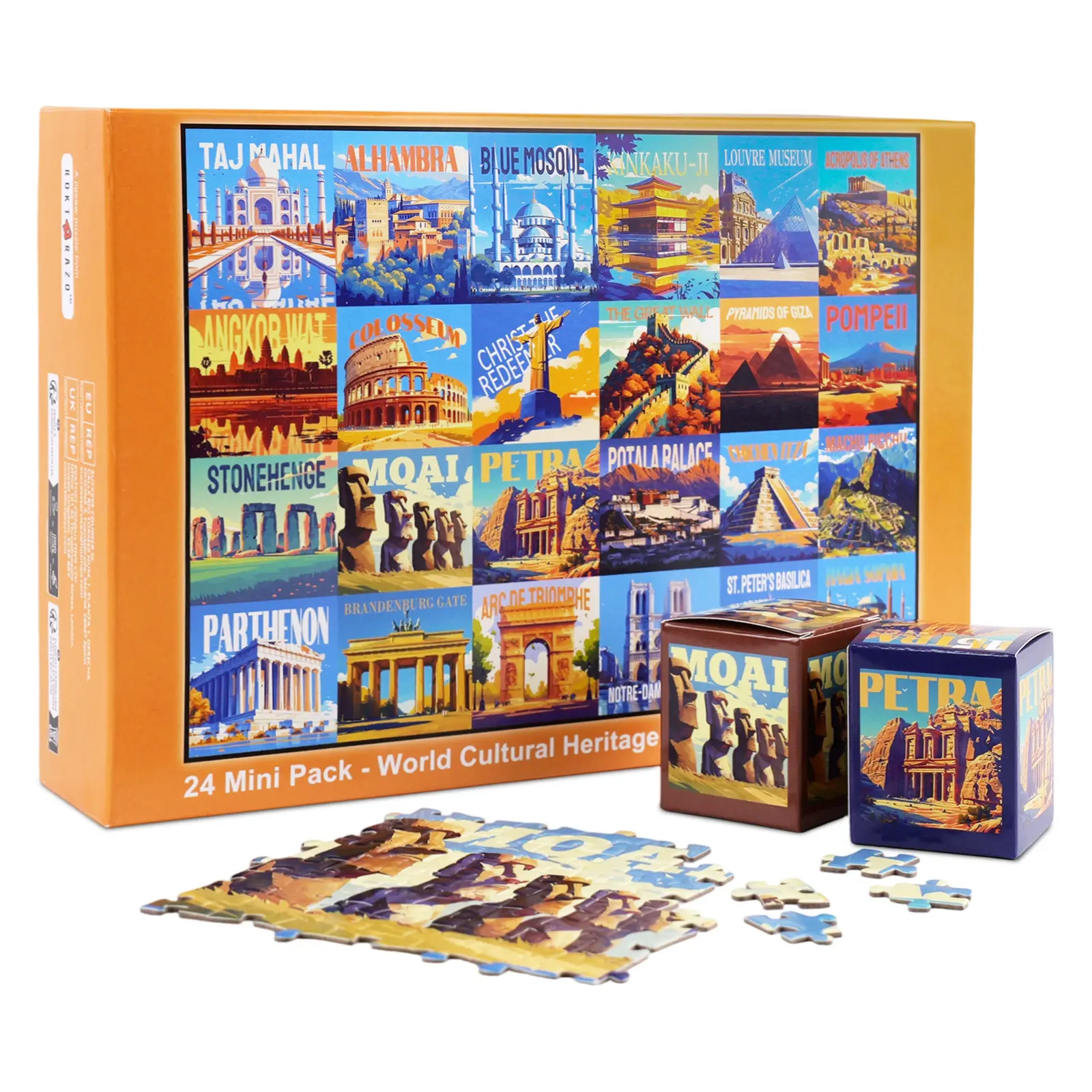rokt&razo World Heritage Cardboard Jigsaw Puzzles - 24 Mini Pack, 1000 Pieces, 27.5x19.7in, Back Index/Reference Poster, Advent Calendar, Beginner-Friendly Family Game, Birthday/Housewarming Gift, Builds & Encourages Patience & Focus, Fun Facts On Back, C