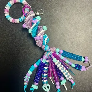 Lavender and Turquoise Beaded Boondoggle Keychain Bag Charm with Cord Wristlet