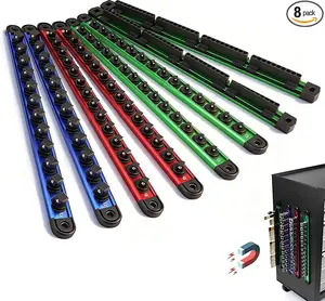 4-Piece Magnetic Socket Organizer Kit, 1/4'' 3/8'' 1/2'' Heavy Duty Socket Holder Holds 40 Clips, Aluminum Sockets Rail for Tool Box Drawer with 1/4'' Slidable Drill Bit Organizer Holds 40 Bits