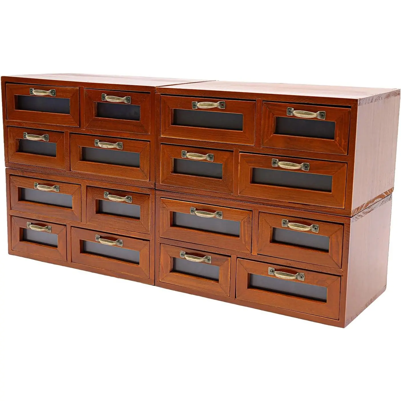 4 Pcs Library Card Catalog Cabinet with 4 Drawers Vintage Wooden Storage Box with Metal Handle Stackable Rustic Desktop Drawer Organizers Multi Drawer Apothecary Cabinet for Home Office Storage, Brown