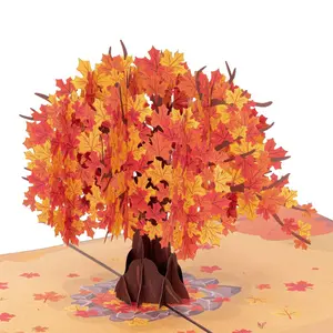 Paper Love 3D Maple Tree Autumn Pop-Up Greeting Card with Vibrant Red and Gold Leaves Premium Cardstock Removable Note Tag and Sealable Envelope