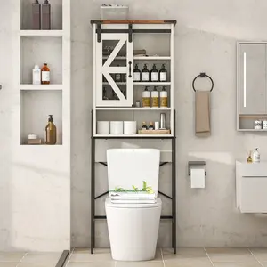 Over The Toilet Storage Cabinet, Above Toilet Storage Cabinet with Adjustable Shelves and Barn Door, Farmhouse Behind Toilet Bathroom Organizer for Bathroom, Laundry Room, Off-White