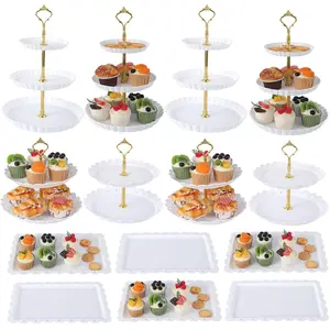 Pack of 14 Cake Stand Set with 4 x Three-Tier and 4 x Two-Tier, 6 x Appetizer Trays, Dessert Table Display Set for Tea Party, Birthday, Baby Bridal Shower Party
