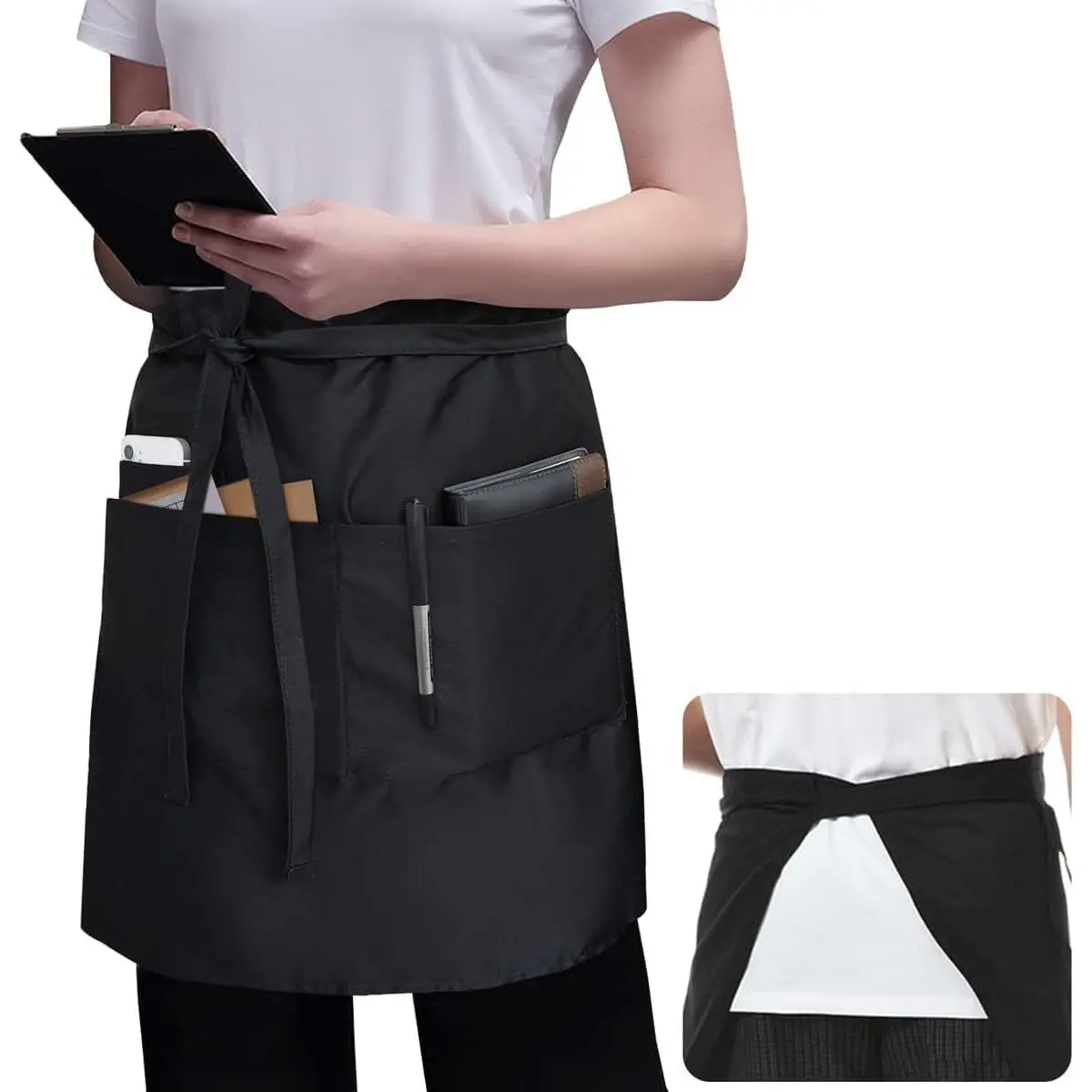 Server Apron Black with 3 Pockets 18 Inch Long Waiter Waitress Bistro Half  Aprons for Women Men