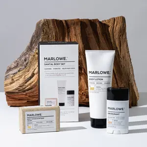 MARLOWE. - Santal Scented Skincare Body Set - Exfoliating Scrub Soap Bar, Deodorant, Nourishing Body Lotion - Clean Body Care for Men Shower Products Cleansers Aroma Exfoliate