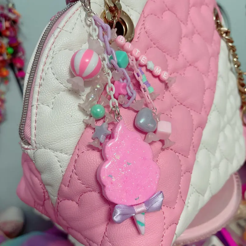 Kawaii Handmade Resin Cotton Candy Charm with Bite Me Word 6 Inches Long with 4 Chains and Bag Clip Attachment Whimsical Playful Keychain
