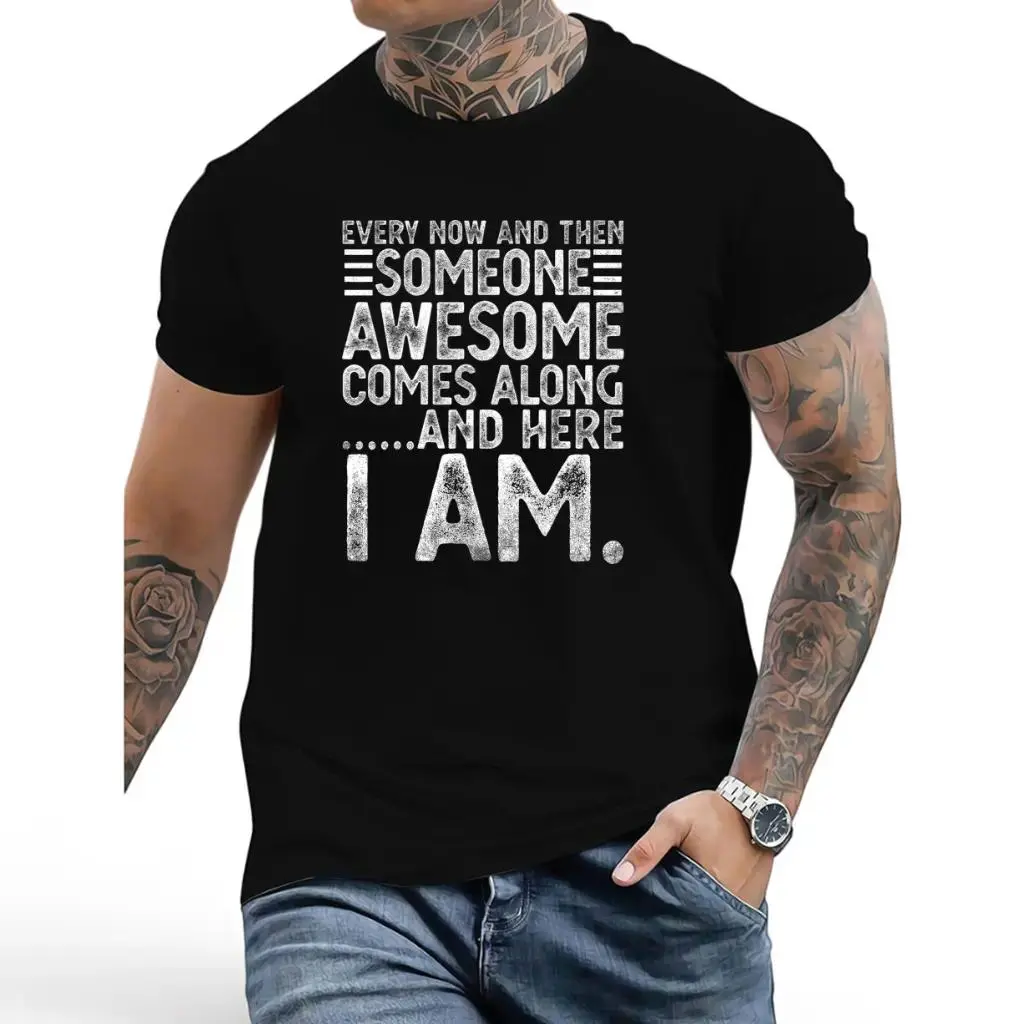 Men's Superman Short-Sleeve T-Shirt - Cotton Fabric, Casual Street Style, Slim Fit, Round Neck, Black with White Text Print, Machine Washable Year-Round Top