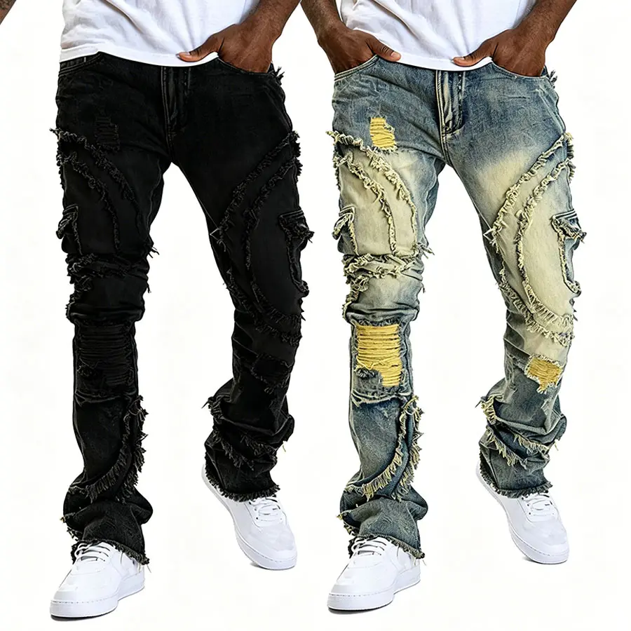 Men's Stacked Ripped Jeans - Distressed Slim Fit Denim Pants, Stretchy Retro Streetwear for a Punk Vibe Aesthetic