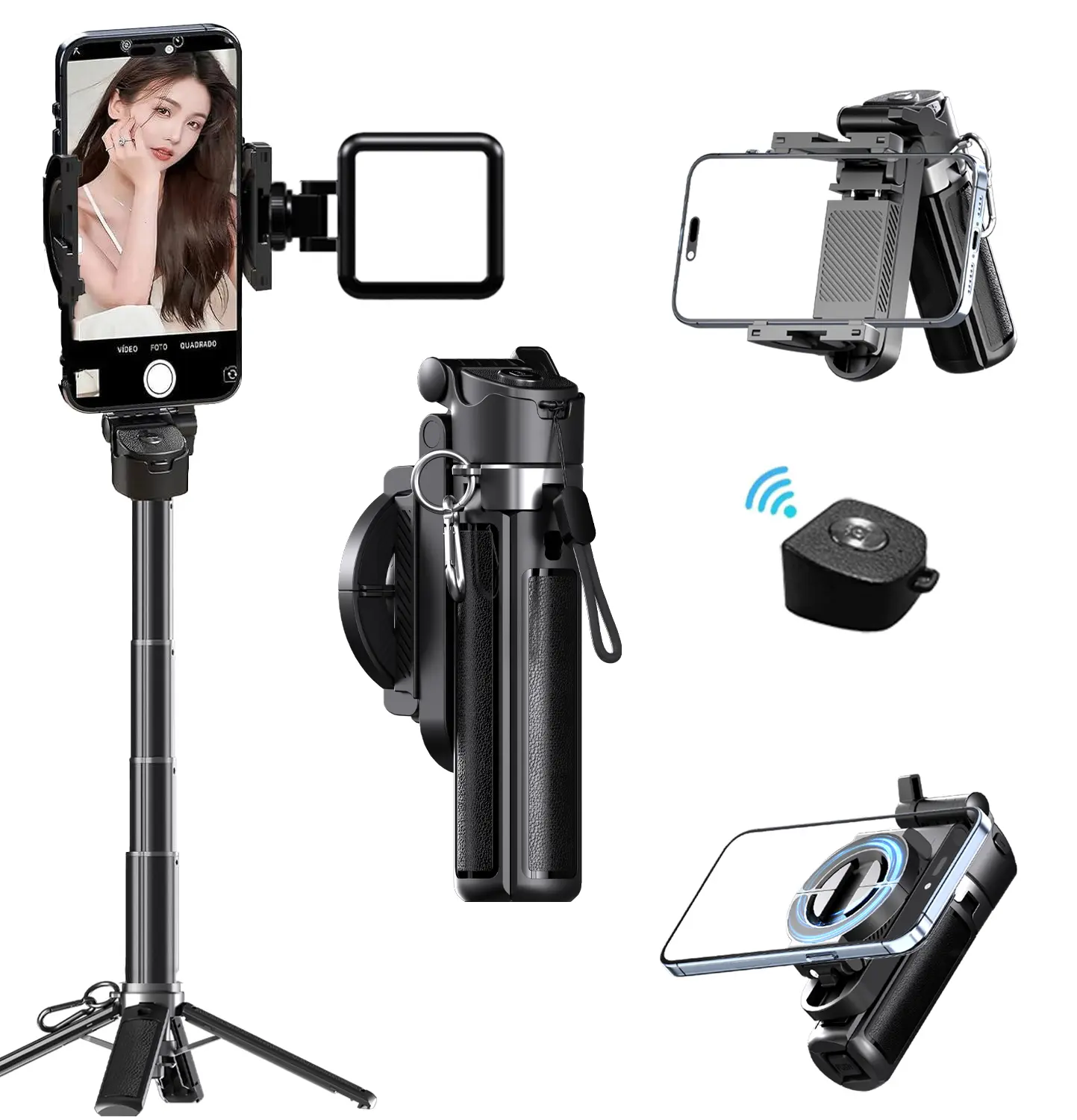 2026 New magnetic & clamp 4-in-1 mini selfie stick(With LED light) with 360° Rotation Portable Anti-shake Wireless Bluetooth control Compatible with most phones Cellphone Smartphone magnetic phone stand for selfie Video recording Vlog father's day gift