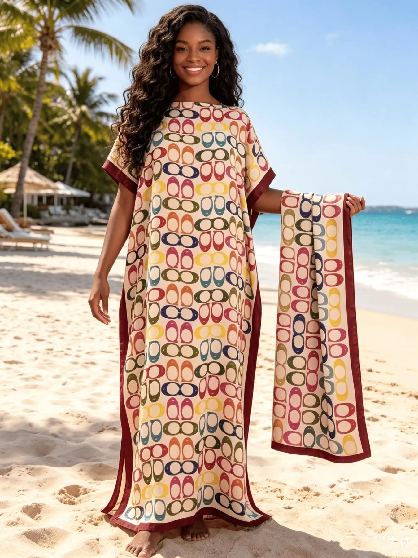 Playful Multicolor Geometric Link Print Silky Satin Kaftan 2 Piece Outfit with Coordinating Scarf, Oversized Plus Size Casual Loungewear, Versatile Beach Swim Cover Up, Tropical Resort Formal Evening Long Dress, Bohemian, Summer Dresses