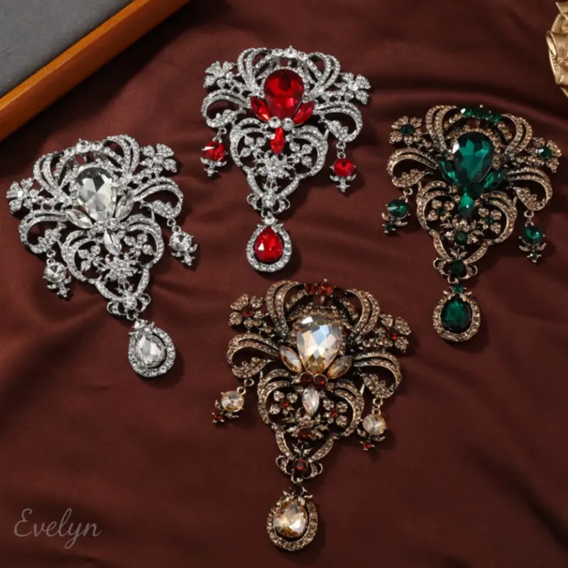 Women's Vintage Royal Filigree Teardrop Crystal Dangle Brooch - Multi-Color Rhinestone Floral Openwork Lapel Pin, Elegant Glamorous Alloy Antique Statement Accessory for Female Women's Clothes, Everyday Formal Styling, Daily