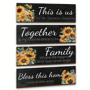 Sunflower Pattern Wooden Wall Sign, 4 Counts/set Letter Pattern Wall Decor, Wall Art Decor for Home Living Room Bedroom, Home Decor Products