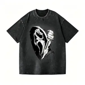 Vintage Washed Distressed Graphic Tee Ghostface Scream Horror Movie Print Oversized Casual Street T- Unisex Menswear Top Man Streetwear Tshirt Tropical Shortsleeve Crewneck