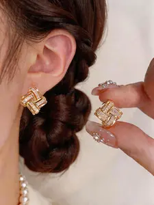 Women's Rhombus Geometric Braided Flash Diamond Stud Earrings, 14k, S925 Silver Post Hypoallergenic, Unique Design, Daily Wear
