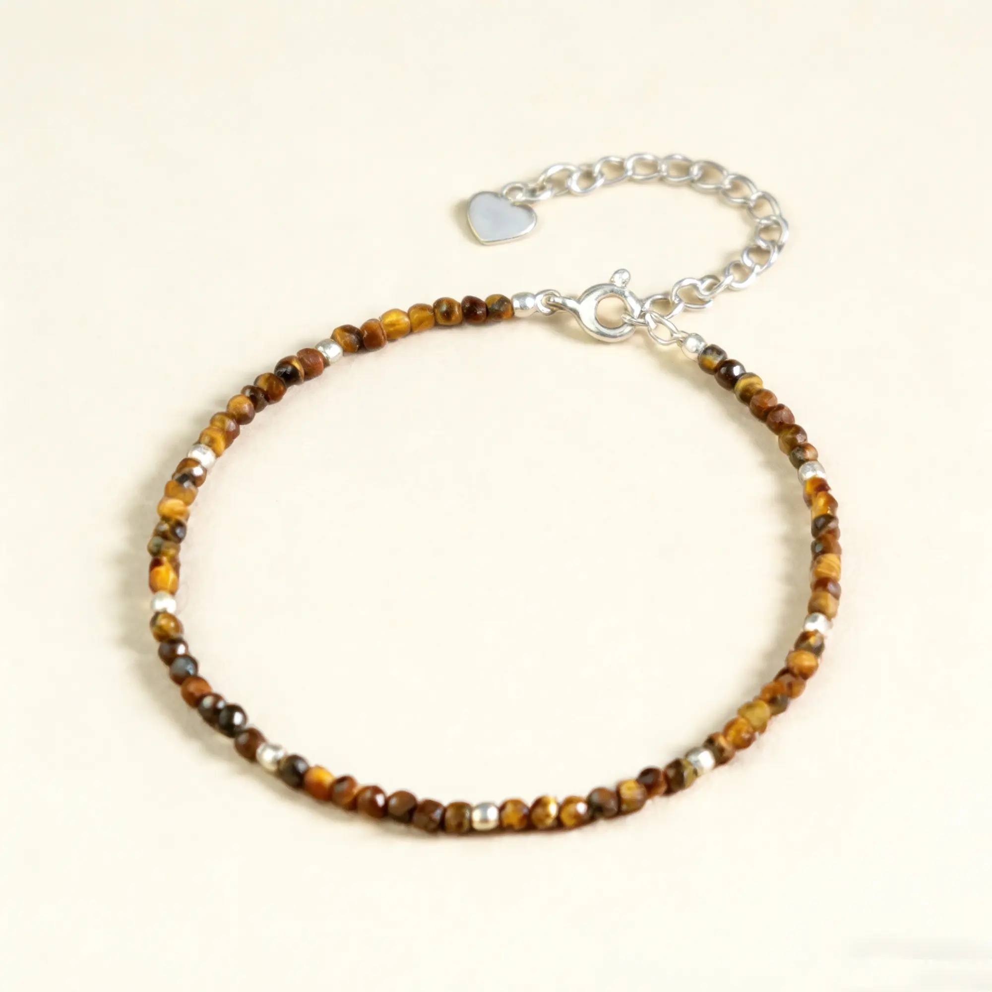 Women's Genuine Gemstones Natural Faceted 2MM Tigers Eye Beaded Bracelet, Elastic Chakra Crystal Healing Protection Bracelet with Silver Chain, Delicate Minimalist Gift