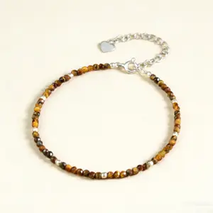 Natural Faceted Tigers Eye 2MM Beaded Bracelet Healing Protection Charka Crystal Sliver Chain Delicate  Minimalist Bracelet Gift for Women Girl