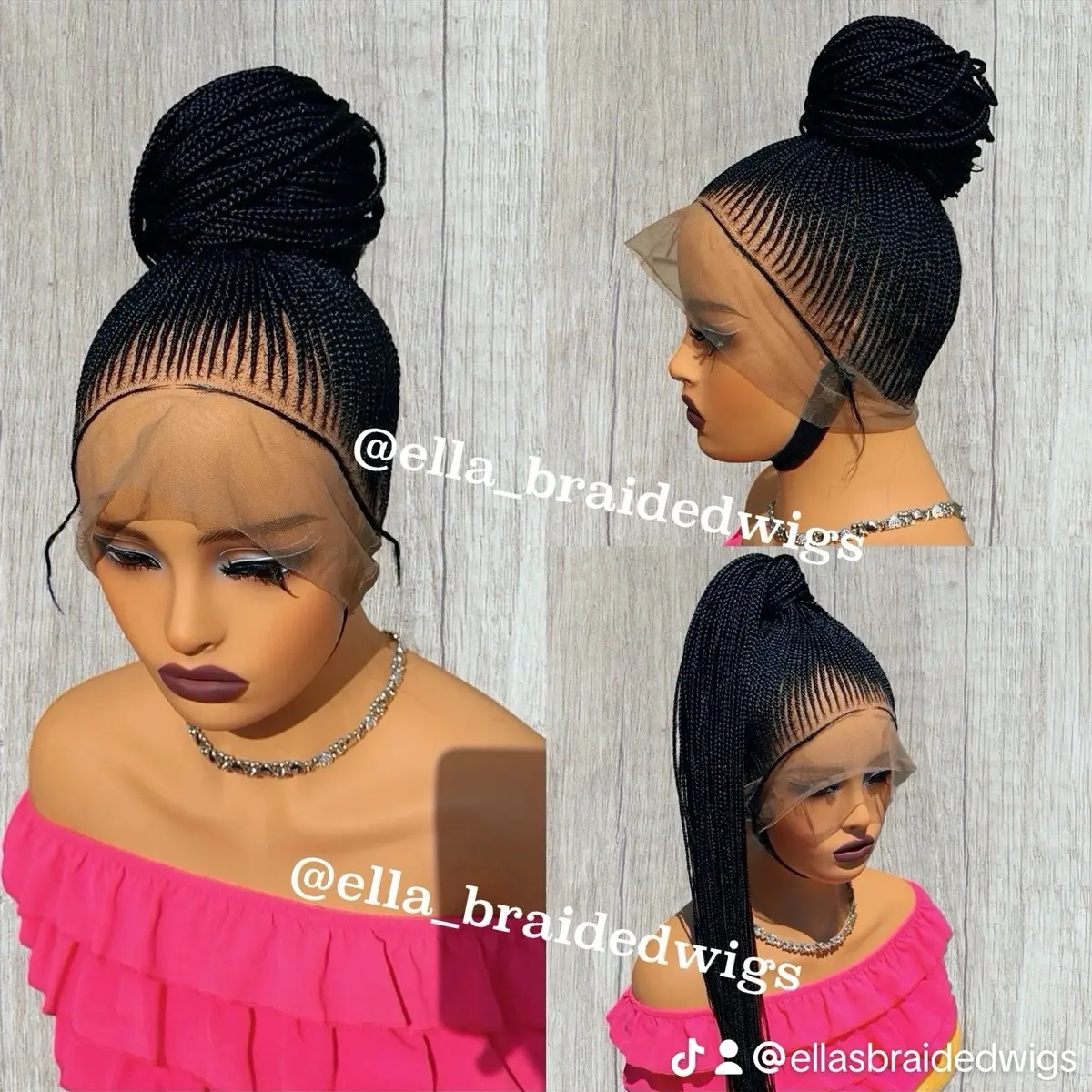 Ellasbeautyworld Full Lace Wig Updo Conrow, Jet Black Color, 28-inch Length