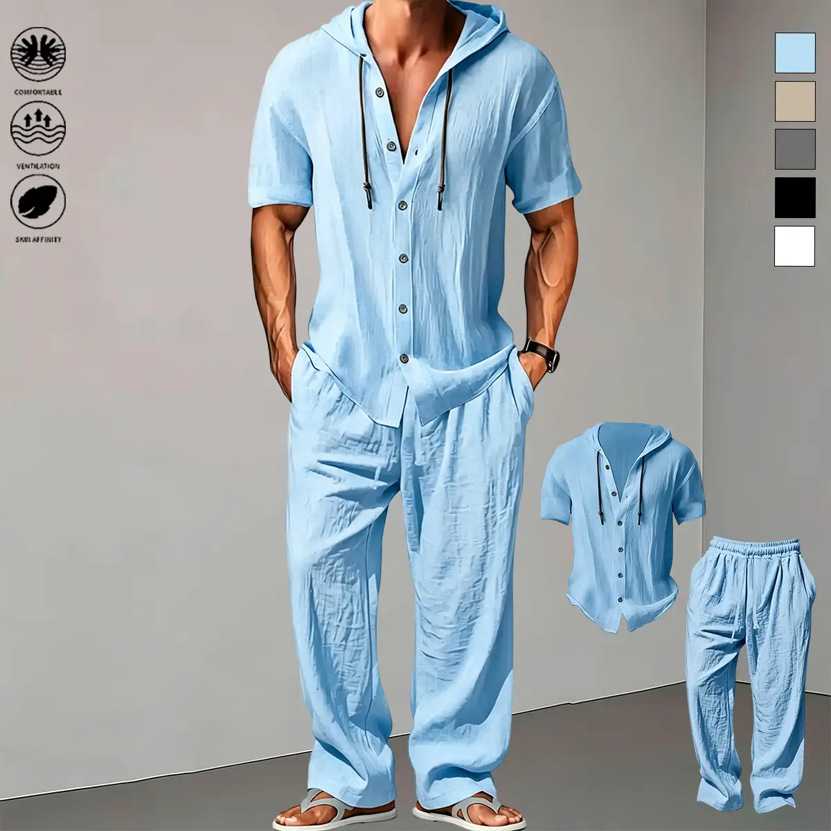 Men’s solid-color cotton-linen two-piece set: hooded drawstring short-sleeve button shirt + elastic-waist wide-leg loose pants, breathable and lightweight | Suitable for indoor gatherings and outdoor sports | A wardrobe essential casual summer beach loung