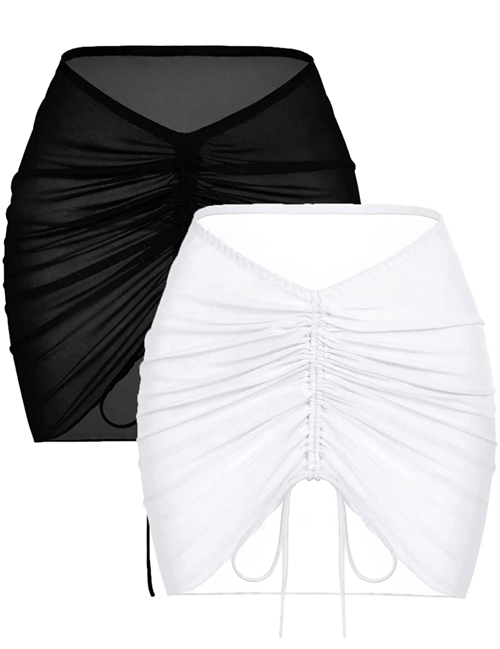Women’s 2 Pieces Women Beach Sheer Cover Ups Mesh Bikini Wrap Ruched Skirt for Swimwear S-XXL