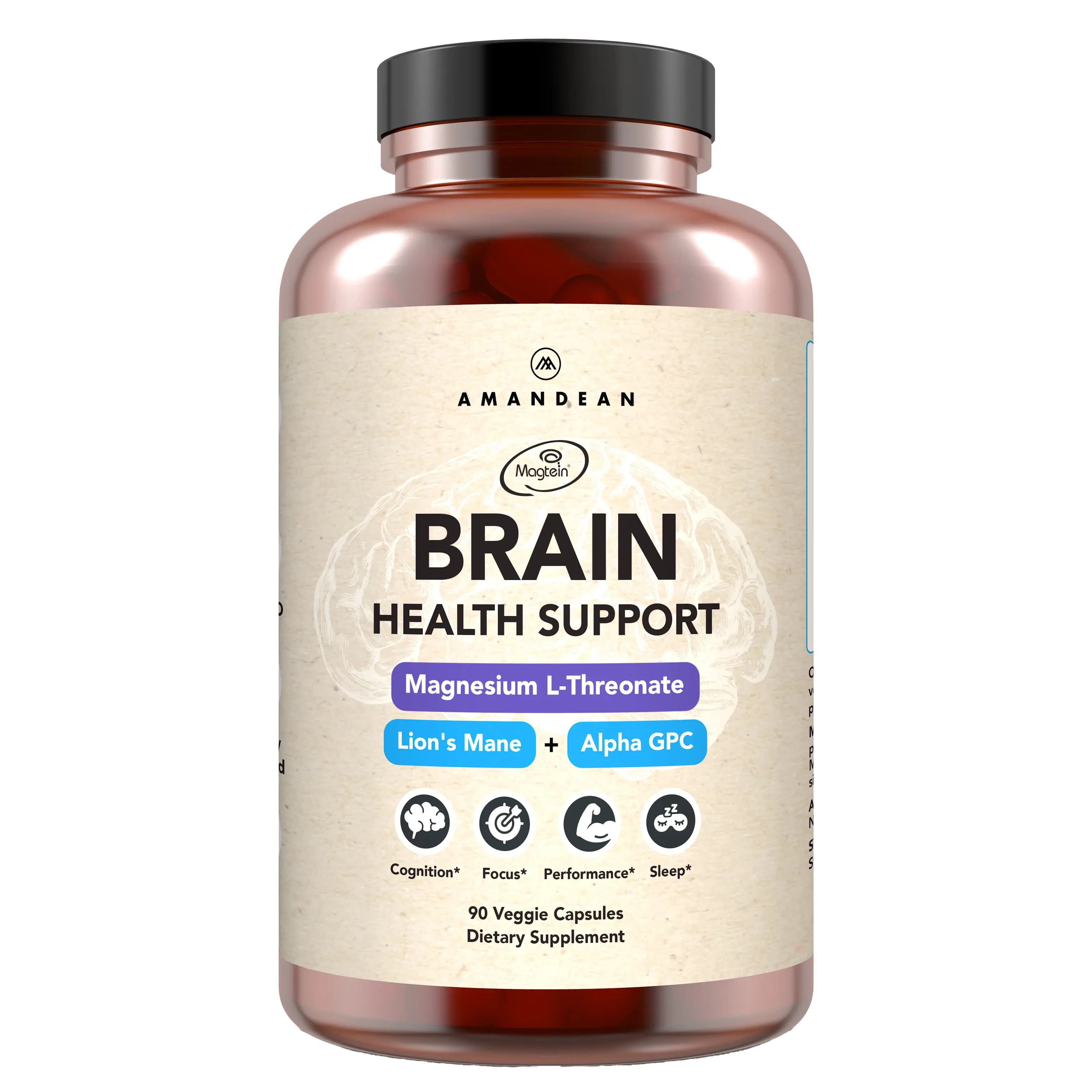 Amandean Brain Health Supplement. Magnesium L-threonate, Organic Lion's Mane Extract & Alpha GPC for Cognitive Function, Memory & Focus Support.
