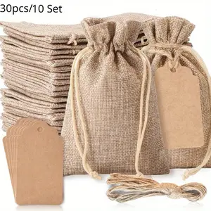 Burlap 30pcs/10Set with Drawstring & Gift Tags - 4x6 Inch Gift Bags, Burlap Bags, Linen Sacks for Wedding Favors, DIY Craft Bags