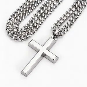 ICYYY 316L Stainless Steel Cross Necklace for Men, 22" 5mm Cuban Chain, Religious Christian Faith Jewelry, Fashion Gift