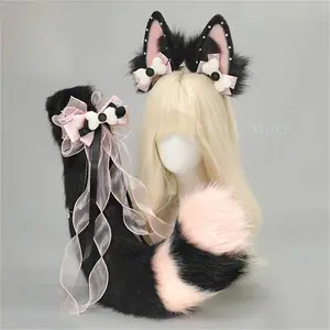 2Pcs/set Handmade Kitsune Fox Ears & Tail Set Plush Animal Ear Headband with Tail for Furry Cosplay Lolita Costume Accessories