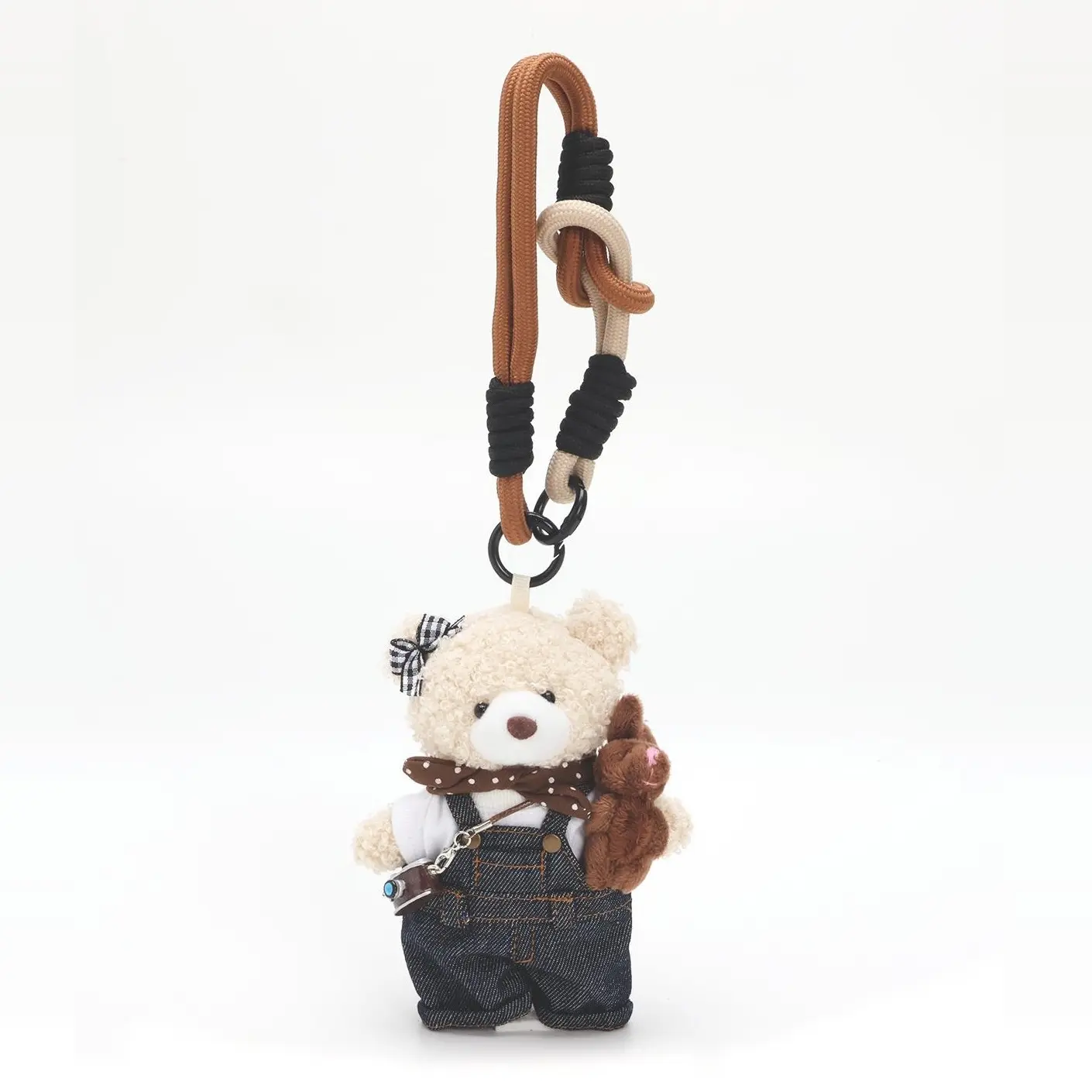 Teddy Huggy 5.9 In Clip-On Plush Fabric Camera Teddy Bear Keychain with Denim Overalls, Wristlet Strap, Bag Charm, Phone Charm for Smartphones (Mobile Phone Accessory), Clothes