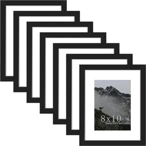 8x10 photo frame set of 7, display 12x17" with mat or 20"x25" without mat, picture frame for wall hanging or tabletop display, black.