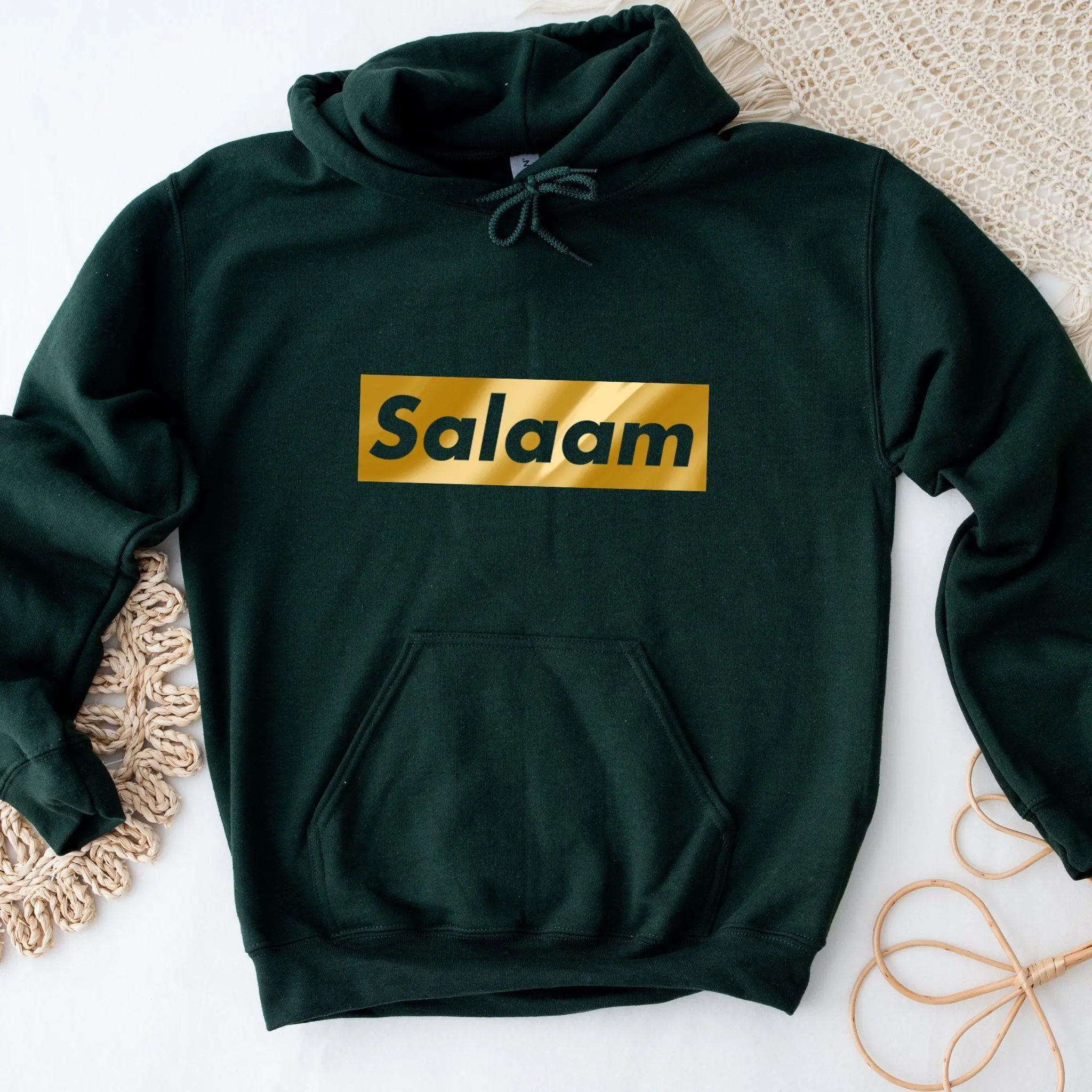 GOLD Salaam Hoodie by Humraha | Desi Arab Muslim Fashion Apparel Gifts for Ramadan Eid Nikkah Wedding Couples Families New Moms Aunts Uncles Grandparents | Pakistan India Bangladesh Palestine Lebanon Egypt Syria