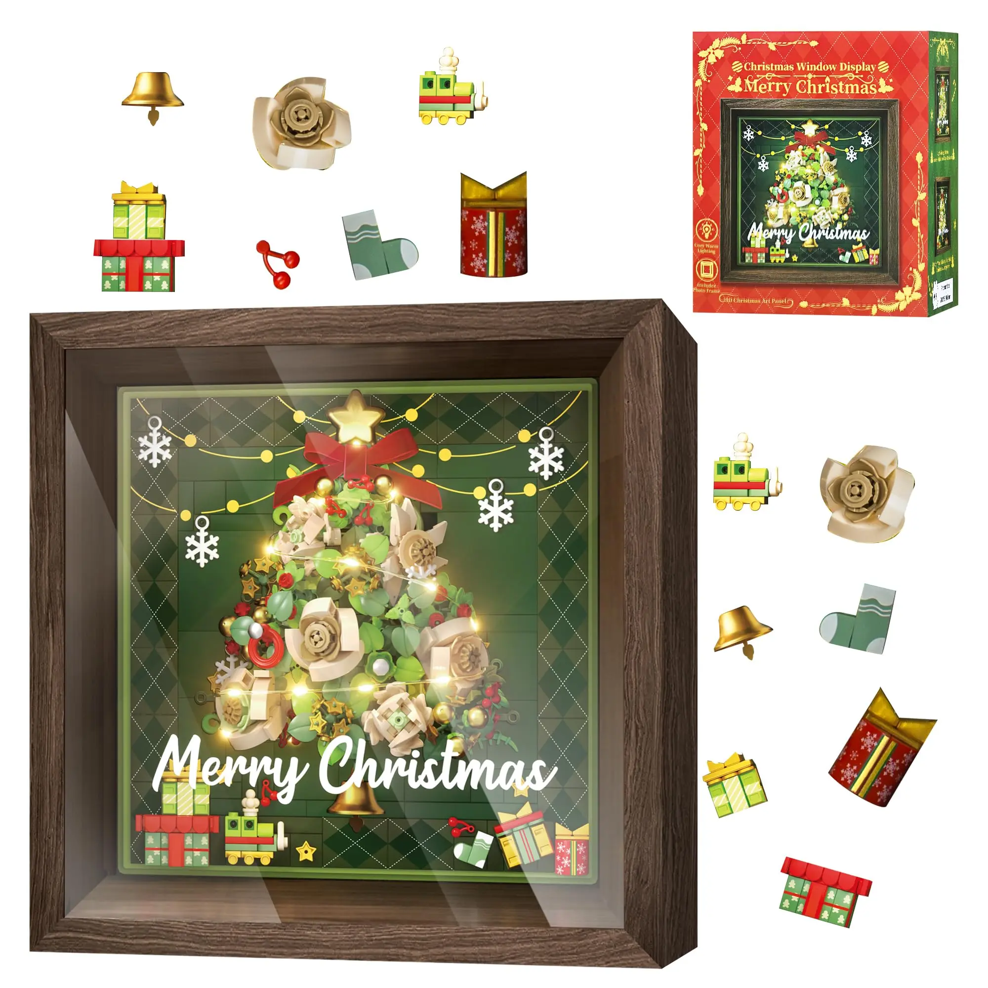 Christmas Tree Building Blocks Frame with LED Lights, 3D Xmas Tree DIY Building Kit, Holiday Ornament Shadow Box Display, Creative Christmas Decoration Set for Tabletop & Wall Decor, Festive Gift for Family and Friends