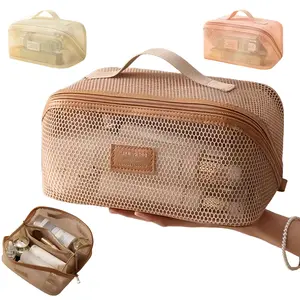 Boho Mesh Cosmetic Organizer Breathable Makeup Bag with Multiple Compartments Zipper Closure Lightweight Travel Toiletry Storage Perfect for Daily Use Trips Valentine's Day Gift Handheld Makeup Case Jewelry Organizer Box Girlfriend Present Minimalist