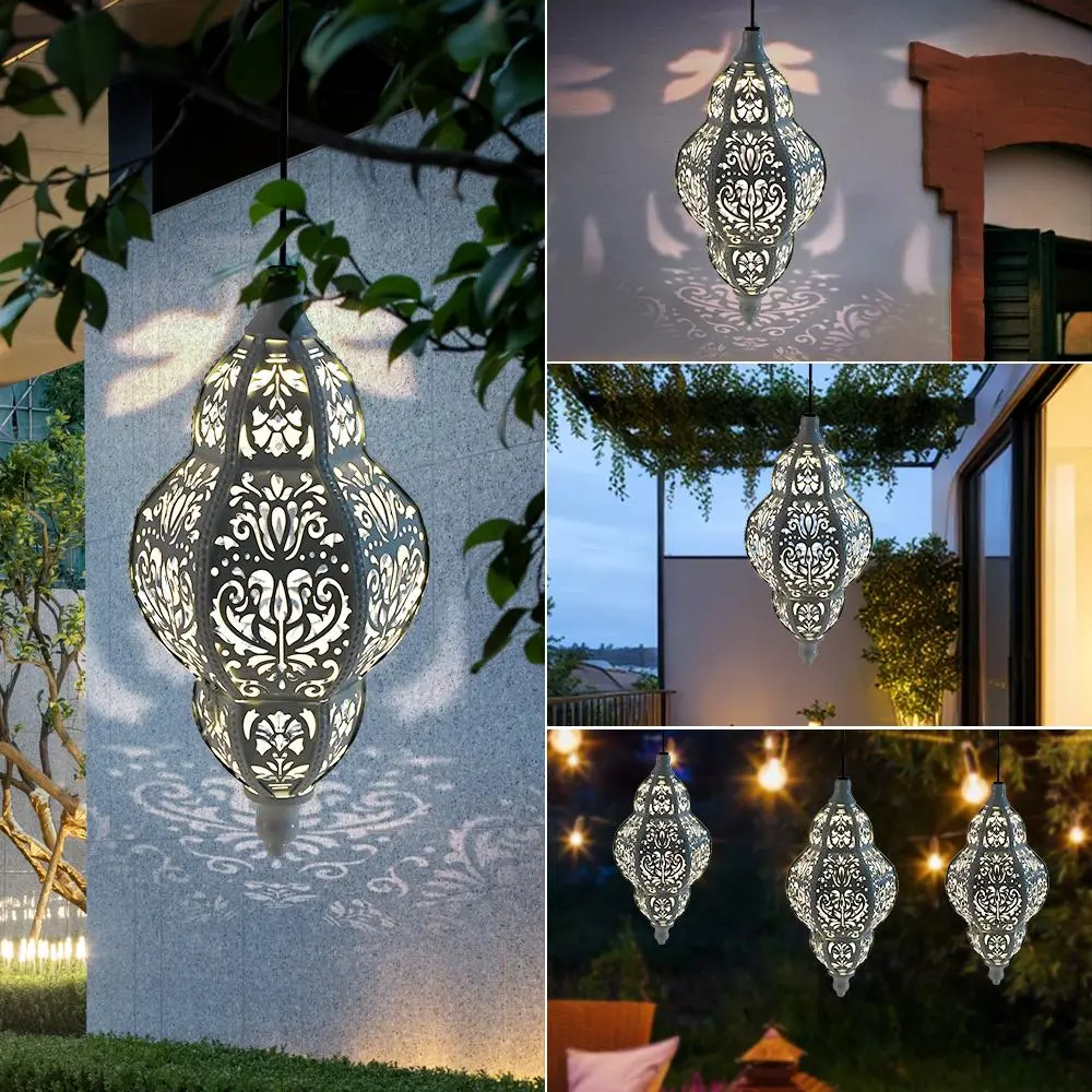 Retro Boho Moroccan Solar-Powered Hanging Lanterns - Anti-Rust Metal, Weatherproof Seal, Lightweight, Rechargeable Batteries, Auto Night-On, Slim Body, Party & Mood Lighting for Outdoor Garden Home Improvement Fixture, Party Lights
