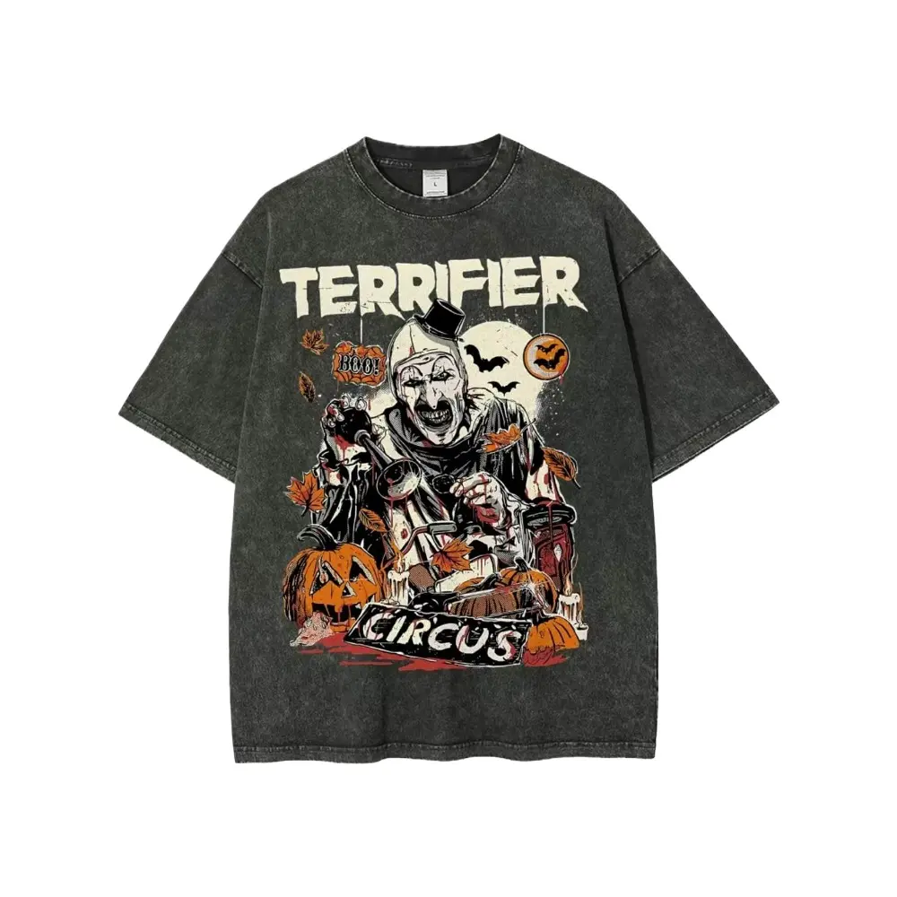 Vintage Washed Terrifier Horror Clown Halloween Circus T-Shirt | Streetwear Halloween Fun Print Unisex Washed T-Shirt
