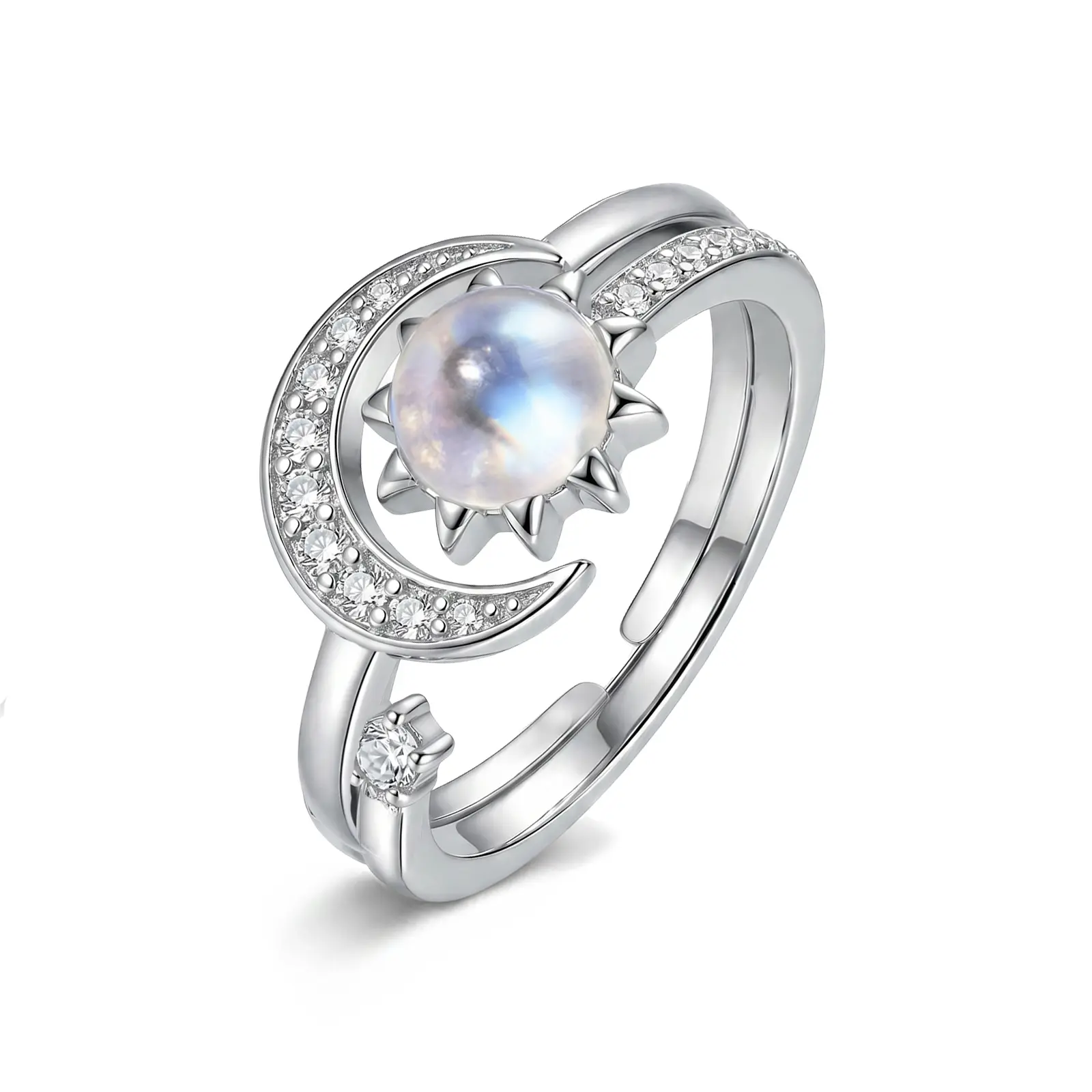 IXLUCK Women's Moonstone Ring with Sun & Moon Band, Adjustable Natural Healing Crystal Stacking Ring for Everyday Wear, Meaningful Gift, Ring Stack