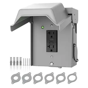 Outdoor Outlet Box with 20 AMP WRTR GFCI Receptacle, Weatherproof 3R Enclosure, Rainproof Metal Cover, Pre-Drilled Wiring Holes,  for Patio Lights and Outdoor Power, ETL Listed