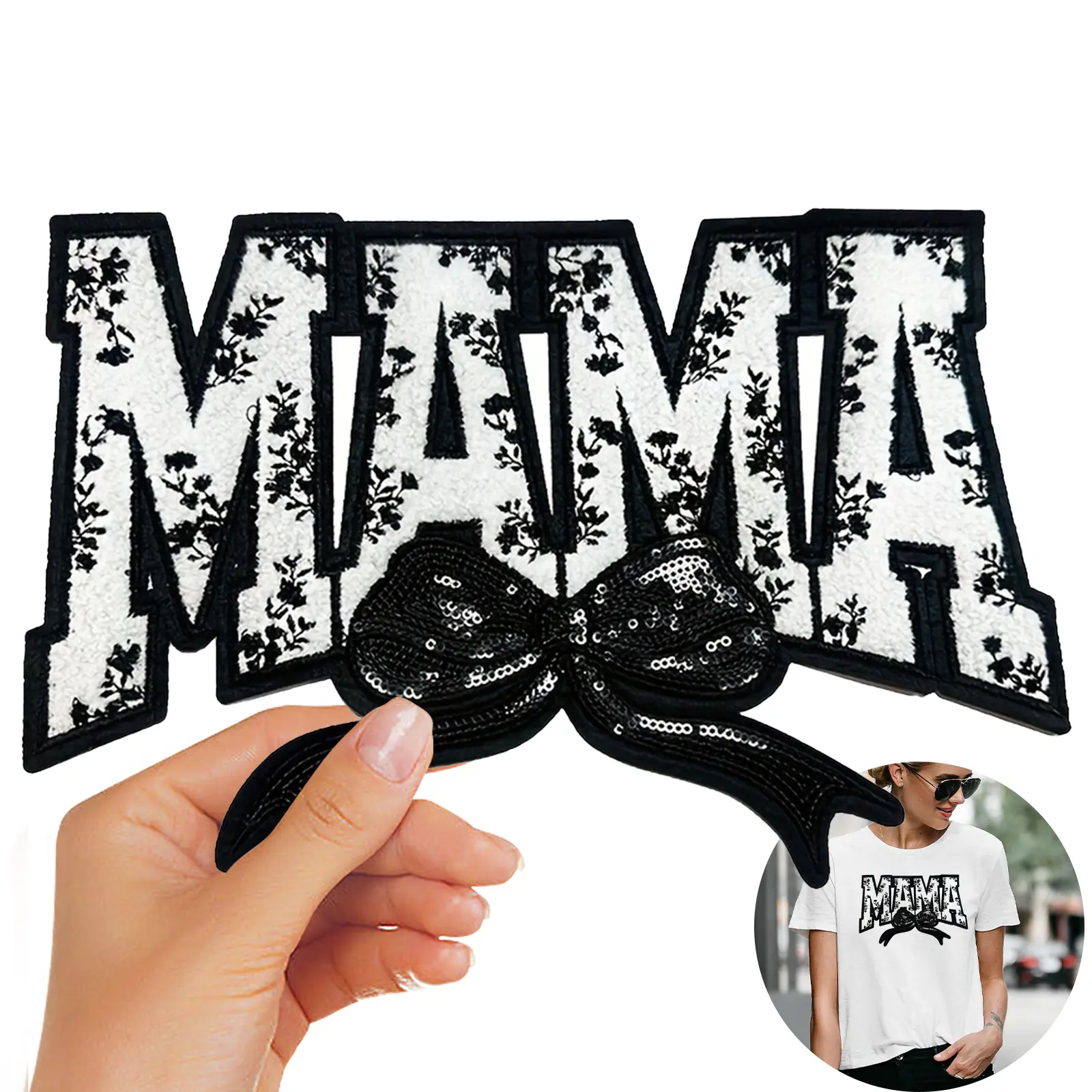 Chenille Fabric Iron-On Patches - MAMA Bow, Embroidered Sequin Applique with Glitter Edge, 7.2" x 10.7" DIY Projects Accessories for Casual Wear, Clothing Gifts, Backpacks Decoration, Black