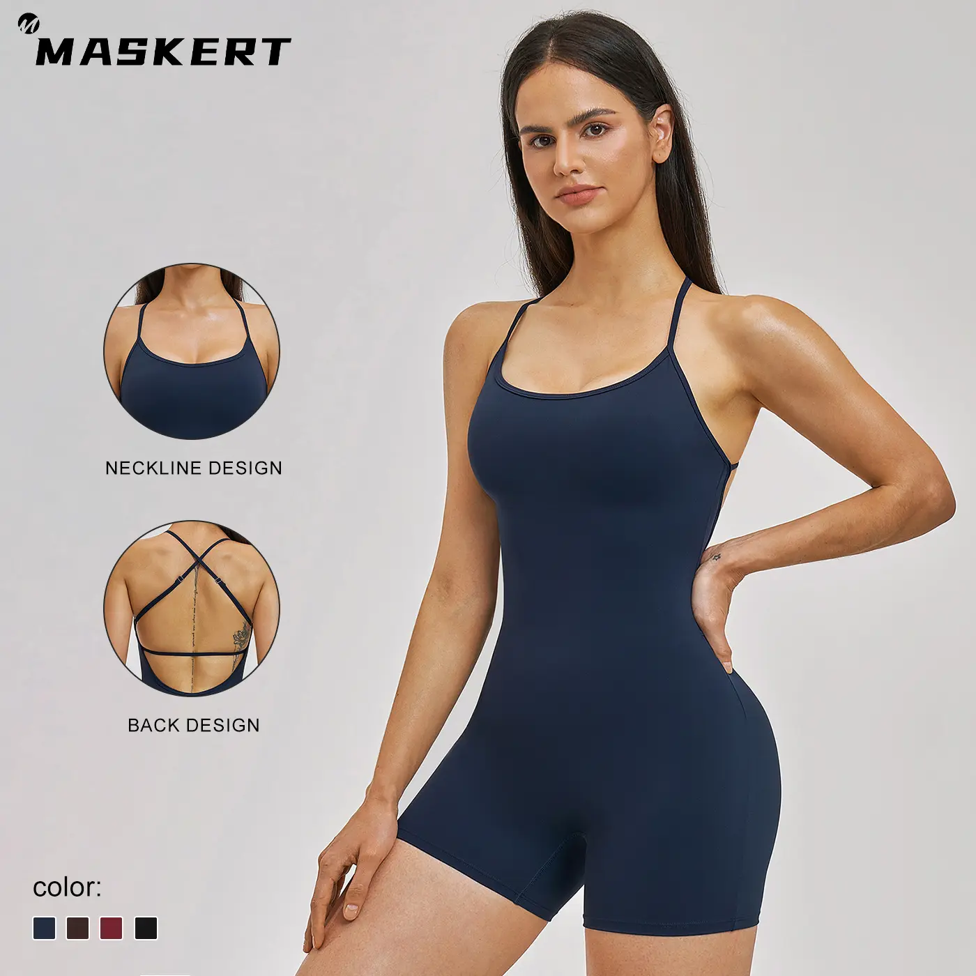 MASKERT Women's sleeveless open-back romper with butt lift and tummy control; yoga romper, workout romper, gym romper; one-piece outfit for women fitness, running, cycling, Pilates, dance training, tennis, volleyball, outdoor sports activewear romper summ