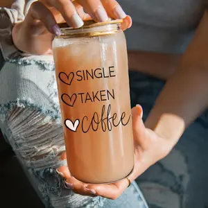 Single, Taken, Coffee 20oz Glass Cup with Bamboo Lid & 1 Straw - Heat Resistant, Graphic, Perfect for Iced Coffees & Smoothies - Classic