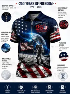 Patriotic American Flag Polo Shirt for Men, 250th Anniversary 1776-2026, Sporty Fitted Design, Athletic Fit, Athletic Fashion, Ideal for 4th of July Gifts Zippered Polo