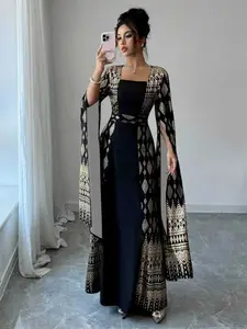 Elegant Geometric Print Dress, Spring Summer Long Maxi Dress, Square Neck Zipper Slit Flare Sleeve, Women's Party Gown, Formal Wear, Elegant Chic Dress