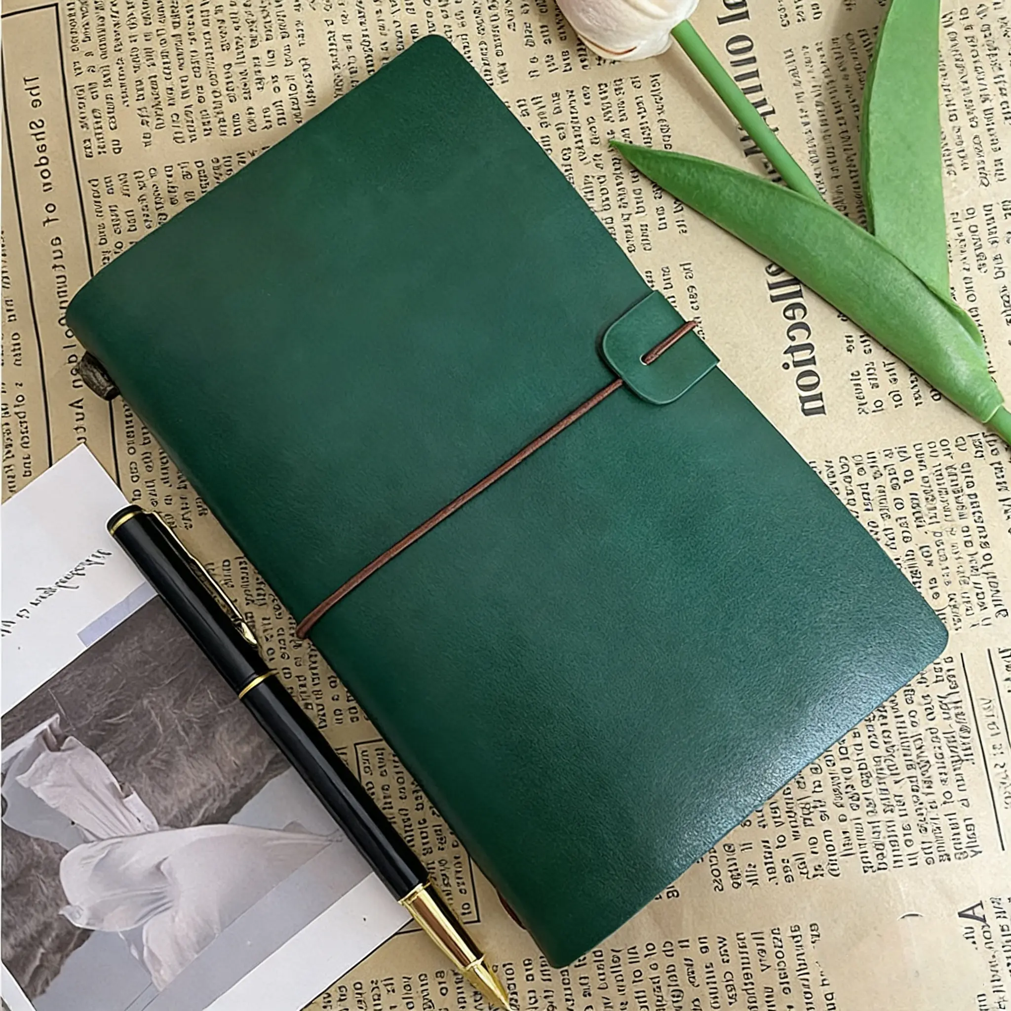 Vintage Faux Leather Traveler’s Notebook - Elastic Close, Refillable, Compact Office Stationery Supplies, Handmade Notes Notebook, Blank Inserts for Travel Sketching, Note Taking