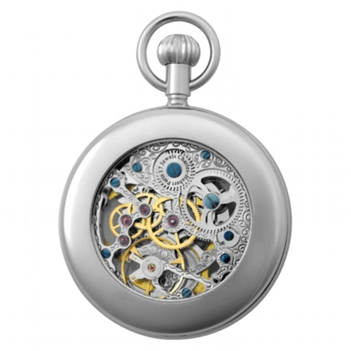 CHARLES-HUBERT PARIS Women's 51mm Silver-Tone Skeleton Pocket Watch, Mechanical Hand-Wound with Dual Time and Roman Numerals, Chrome Plated, Skeleton Dial, Gift