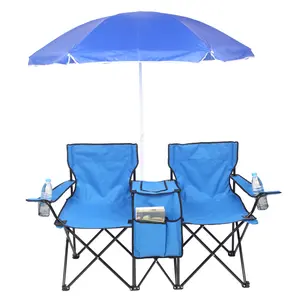 2-Seat Folding Beach Chair with Sun Umbrella, 55 Inch Blue Oxford Steel Frame Outdoor Fishing Chair, 180LBS Capacity