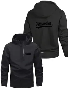 Men's and Women's Fashion Fitted Jacket with Milwaukee Letter Print, Zipper Pockets, Casual Hooded Design, Spring & Fall Polyester Coat