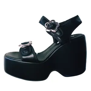 Ezra Black Flower Platform Sandals, Retro, 70s, Round Toe, Open Toe, Wedge, Strappy