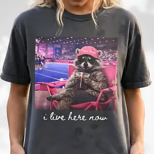 I Live Here Now Raccoon Cheer Mom Shirt, Funny Cheer Mama Style T-Shirt, Cheer Competition Apparel, Raccoon Iced Coffee Graphic